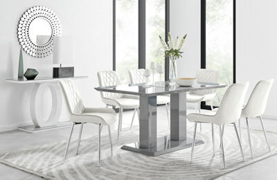 Furniturebox Imperia Grey High Gloss 6 Seater Dining Table With Structural 2 Plinth Column Legs 6 Cream Velvet Silver Leg Pesaro Chairs - image 1
