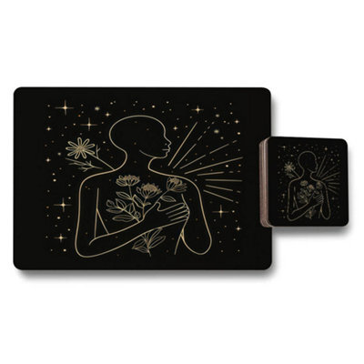 Benjamin Tate Design Gold Line Art Placemat And Coaster Set On Black With Wood Bottom Floral Motif Set Of 12 Exclusive Collection - image 1