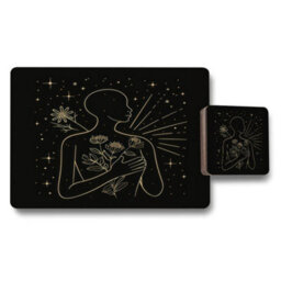 Benjamin Tate Design Gold Line Art Placemat And Coaster Set On Black With Wood Bottom Floral Motif Set Of 12 Exclusive Collection