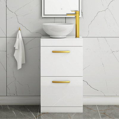 Royal Bathrooms 500mm Floor Standing Vanity Unit 2 Drawer Gloss White & Countertop Basin - Breeze With Brushed Brass Handle - image 1