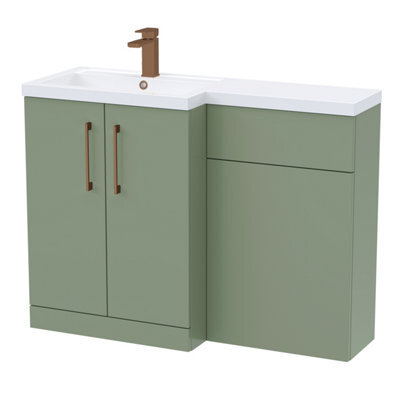 Balterley Left-Hand Bathroom Vanity And Wc Unit Combination With Basin - 1100mm - Satin Green With Brushed Bronze Handles - image 1