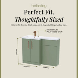 Balterley Left-Hand Bathroom Vanity And Wc Unit Combination With Basin - 1100mm - Satin Green With Brushed Bronze Handles - thumbnail 5