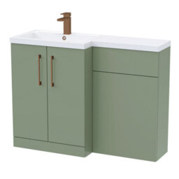Balterley Left-Hand Bathroom Vanity And Wc Unit Combination With Basin - 1100mm - Satin Green With Brushed Bronze Handles