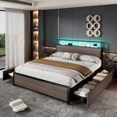 Btm 4Ft6 Metal Double Bed 135X190Cm, Led Light Strip, 4 Drawers, Usb Port, Wrought Iron Bed, Grey - image 1