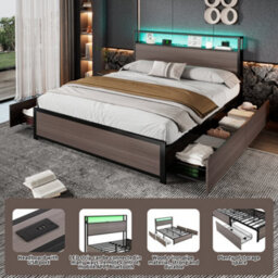 Btm 4Ft6 Metal Double Bed 135X190Cm, Led Light Strip, 4 Drawers, Usb Port, Wrought Iron Bed, Grey - thumbnail 5