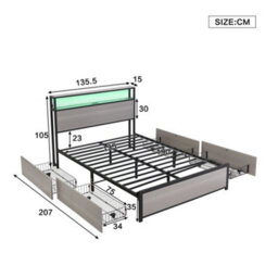 Btm 4Ft6 Metal Double Bed 135X190Cm, Led Light Strip, 4 Drawers, Usb Port, Wrought Iron Bed, Grey - thumbnail 4