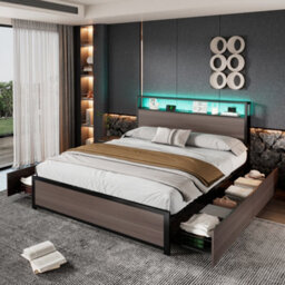 Btm 4Ft6 Metal Double Bed 135X190Cm, Led Light Strip, 4 Drawers, Usb Port, Wrought Iron Bed, Grey - thumbnail 1