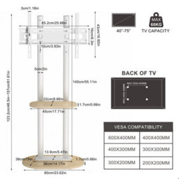 Aesome White Mobile Tv Floor Stand For 40-75 Inch Tvs, Height Adjustable With Hidden Wheels, Shelf, 60Kg Capacity - thumbnail 2