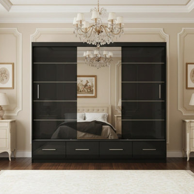 Florence 250 Large Sliding Wardrobe With Mirror Door Modern For Bedroom And Dining Room Storage Black Semi Gloss With Mirror - image 1