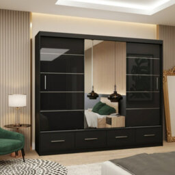 Florence 250 Large Sliding Wardrobe With Mirror Door Modern For Bedroom And Dining Room Storage Black Semi Gloss With Mirror - thumbnail 2