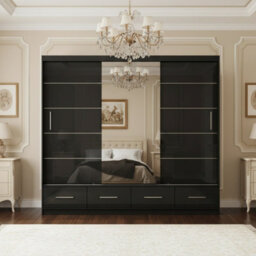 Florence 250 Large Sliding Wardrobe With Mirror Door Modern For Bedroom And Dining Room Storage Black Semi Gloss With Mirror