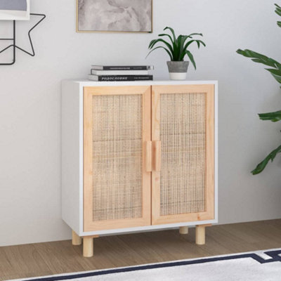 Berkfield Sideboard White 60X30X70 Cm Solid Wood Pine And Natural Rattan - image 1