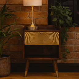 Wyld Haus Merano Gold Drawer Bedside Table With Chestnut Finish And Brass-Plated Drawer