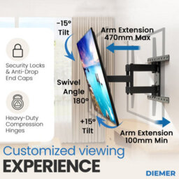 DIEMER Tv Wall Bracket For 40-80 Inch Tvs, Heavy-Duty Swivel & Tilt Tv Mount With Dual Arms, Holds Up To 50Kg, Max Vesa: 600X400 - thumbnail 3