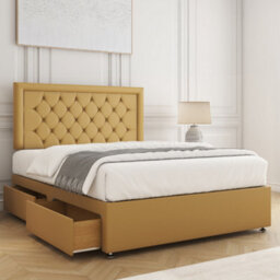 Bsspoke Nova Divan Bed Set Mustard Plush Velvet 24Inch Chesterfield Headboard 2 Drawers Same Side & Mattress In All Sizes - thumbnail 1