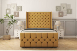 "Sloomy Luthor Mustard Plush Bed Frame With Mattress With 50""  Upholstered Wingback Headboard 4'6 Double" - thumbnail 1
