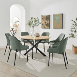Furniturebox Uk Novara 120Cm Oak Effect Dining Table & 6 Beaumont Green Fabric Chairs