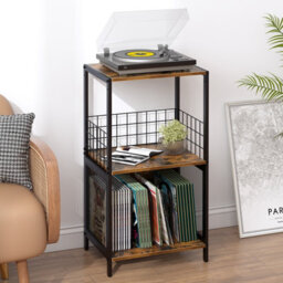 Huhote Three Tier Brown Vinyl Record Storage Side Table And Turntable Stand Record Player Stand End Table For Living Room Bedroom - thumbnail 2