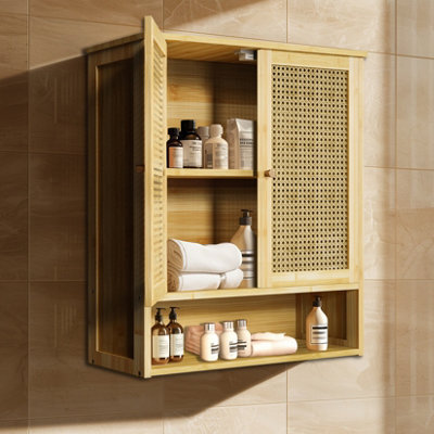 Fativo L59X W20.5X H 66.5Cm Bamboo Bathroom Wall Cabinet With 2 Rattan Doors Open Shelf For Laundry, Hallway - image 1