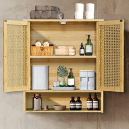 Fativo L59X W20.5X H 66.5Cm Bamboo Bathroom Wall Cabinet With 2 Rattan Doors Open Shelf For Laundry, Hallway - thumbnail 4