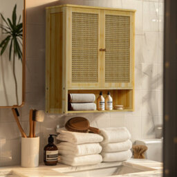Fativo L59X W20.5X H 66.5Cm Bamboo Bathroom Wall Cabinet With 2 Rattan Doors Open Shelf For Laundry, Hallway - thumbnail 7