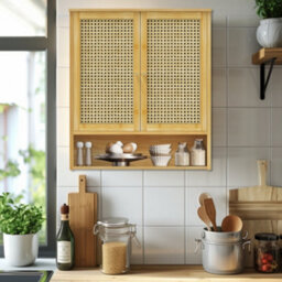 Fativo L59X W20.5X H 66.5Cm Bamboo Bathroom Wall Cabinet With 2 Rattan Doors Open Shelf For Laundry, Hallway - thumbnail 5