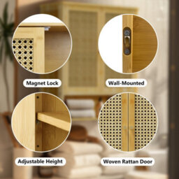 Fativo L59X W20.5X H 66.5Cm Bamboo Bathroom Wall Cabinet With 2 Rattan Doors Open Shelf For Laundry, Hallway - thumbnail 3