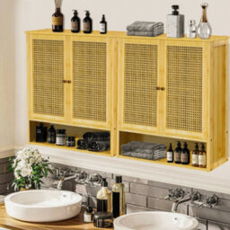 Fativo L59X W20.5X H 66.5Cm Bamboo Bathroom Wall Cabinet With 2 Rattan Doors Open Shelf For Laundry, Hallway - thumbnail 6