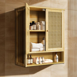 Fativo L59X W20.5X H 66.5Cm Bamboo Bathroom Wall Cabinet With 2 Rattan Doors Open Shelf For Laundry, Hallway