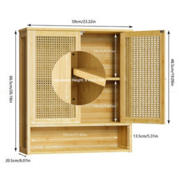 Fativo L59X W20.5X H 66.5Cm Bamboo Bathroom Wall Cabinet With 2 Rattan Doors Open Shelf For Laundry, Hallway - thumbnail 2