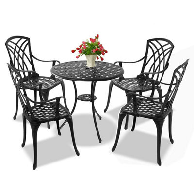 Homeology Oshowa Garden And Patio Table And 4 Large Chairs With Armrests Cast Aluminium Bistro Set Black - image 1