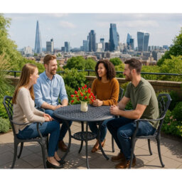 Homeology Oshowa Garden And Patio Table And 4 Large Chairs With Armrests Cast Aluminium Bistro Set Black - thumbnail 8
