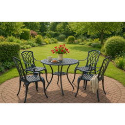 Homeology Oshowa Garden And Patio Table And 4 Large Chairs With Armrests Cast Aluminium Bistro Set Black - thumbnail 2