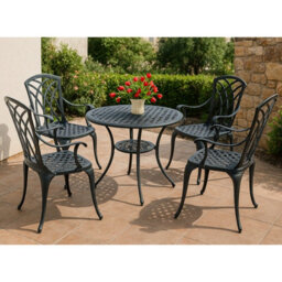 Homeology Oshowa Garden And Patio Table And 4 Large Chairs With Armrests Cast Aluminium Bistro Set Black - thumbnail 4