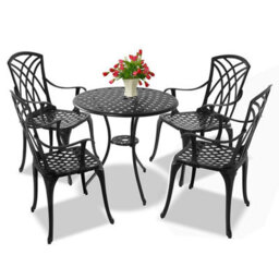 Homeology Oshowa Garden And Patio Table And 4 Large Chairs With Armrests Cast Aluminium Bistro Set Black - thumbnail 1