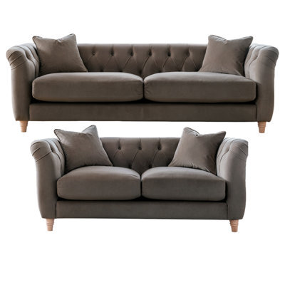 Furnishings For Less UK Elsie Velvet Chesterfield Plush Velvet Mushroom 3 Seater + 2 Seater Sofa - image 1