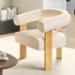 Wyld And Coco Aurora Home Off-White Bouclé Armchair With Solid Rubberwood Legs, Retro Profile, W77 X D68 X H76Cm - thumbnail 2
