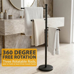 Black 3 Tier 3 Arm Free Standing Chrome Towel Holder Rail Rack Stand Weighted Base - thumbnail 5