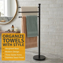 Black 3 Tier 3 Arm Free Standing Chrome Towel Holder Rail Rack Stand Weighted Base - thumbnail 4