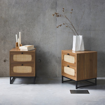 Sweeek - Pair Of Wood And Cane Bedside Tables Retro Natural 40X40X52 Cm - image 1