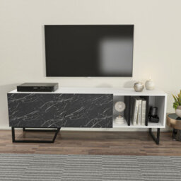 Decorotika Linossa Tv Stand Tv Unit For Tvs Up To 60 Inch White Black Marble Effect And Black