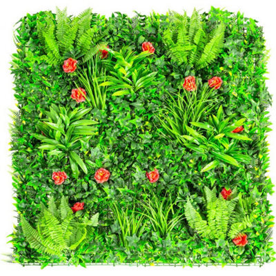 Primrose Artificial Mixed Plants Red Rose Green Wall Hedge Panel 1M X 1M - image 1