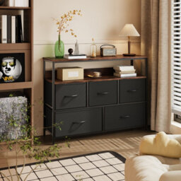 Living And Home 5-Drawer Black Metal Frame Chest Of Drawers Storage Cabinet With Power Strip - thumbnail 1