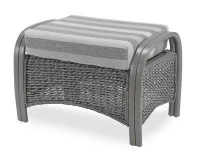 Desser Turin Grey Rattan Footstool Real Cane Natural Rattan Indoor Cushioned Footrest With Uk Sewn Duke Grey Stripe Cushion - image 1