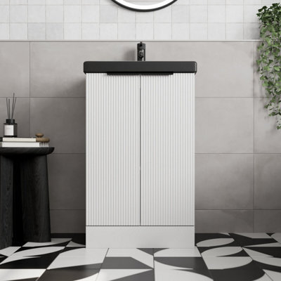 Affine Fluted 500mm White Floorstanding Vanity Unit Black Basin Soft Close Doors - image 1