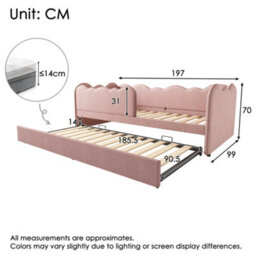 Btm Pink Velvet 3Ft Single Daybed With Pull Out Trundle Slatted Frame Sofa Bed 90 X 190 Cm No Mattress - thumbnail 2