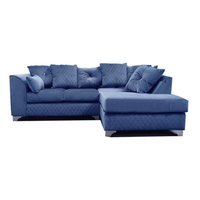 Furnishings For Less UK Victoria Soft Plush Velvet 3 To 4 Seater L Shaped Corner Sofa Blue Right Hand Facing - Scatter Back