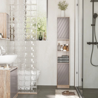 Homcom Narrow Bathroom Storage Cabinet With Open Compartment, Oak - image 1