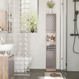 Homcom Narrow Bathroom Storage Cabinet With Open Compartment, Oak