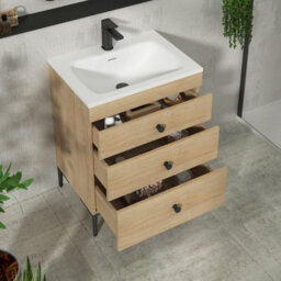 Royal Bathrooms Royal Bathroom Verona 600mm Natural Oak 3-Drawer Floor Standing Bathroom Vanity Unit With Stone Basin & Matt Black Knob - thumbnail 5